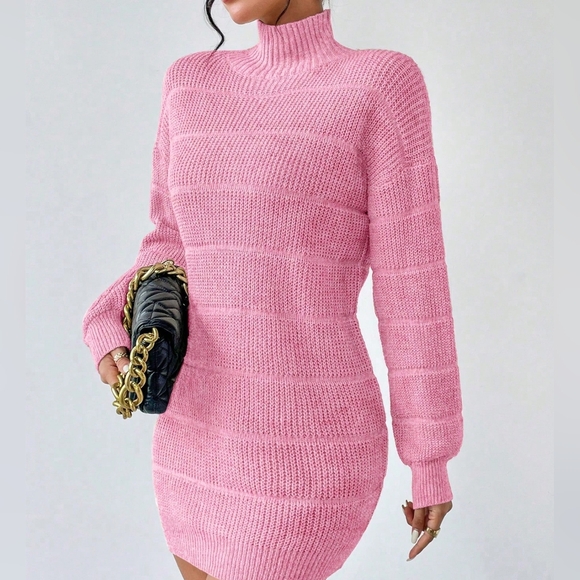 Solid Color Turtleneck Textured Long Sleeve Sweater Dress - Picture 4 of 4